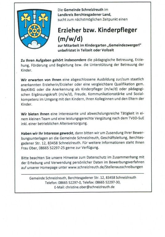 Erzieher bzw. Kinderpfleger (m/w/d) zur Mitarbeit im Kindergarten „Gemeindezwergerl“