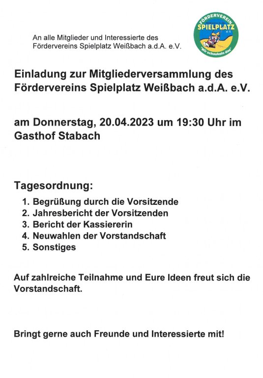 Einladung Sitzung Förderverein Spielplatz Weißbach a.d.A. e.V.
